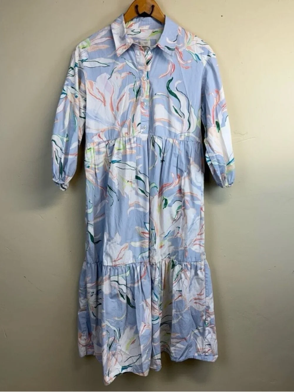 Anthropologie Maeve Bettina Tiered Midi Shirt Dress Blue Multi Floral Size S - Picture 2 of 7